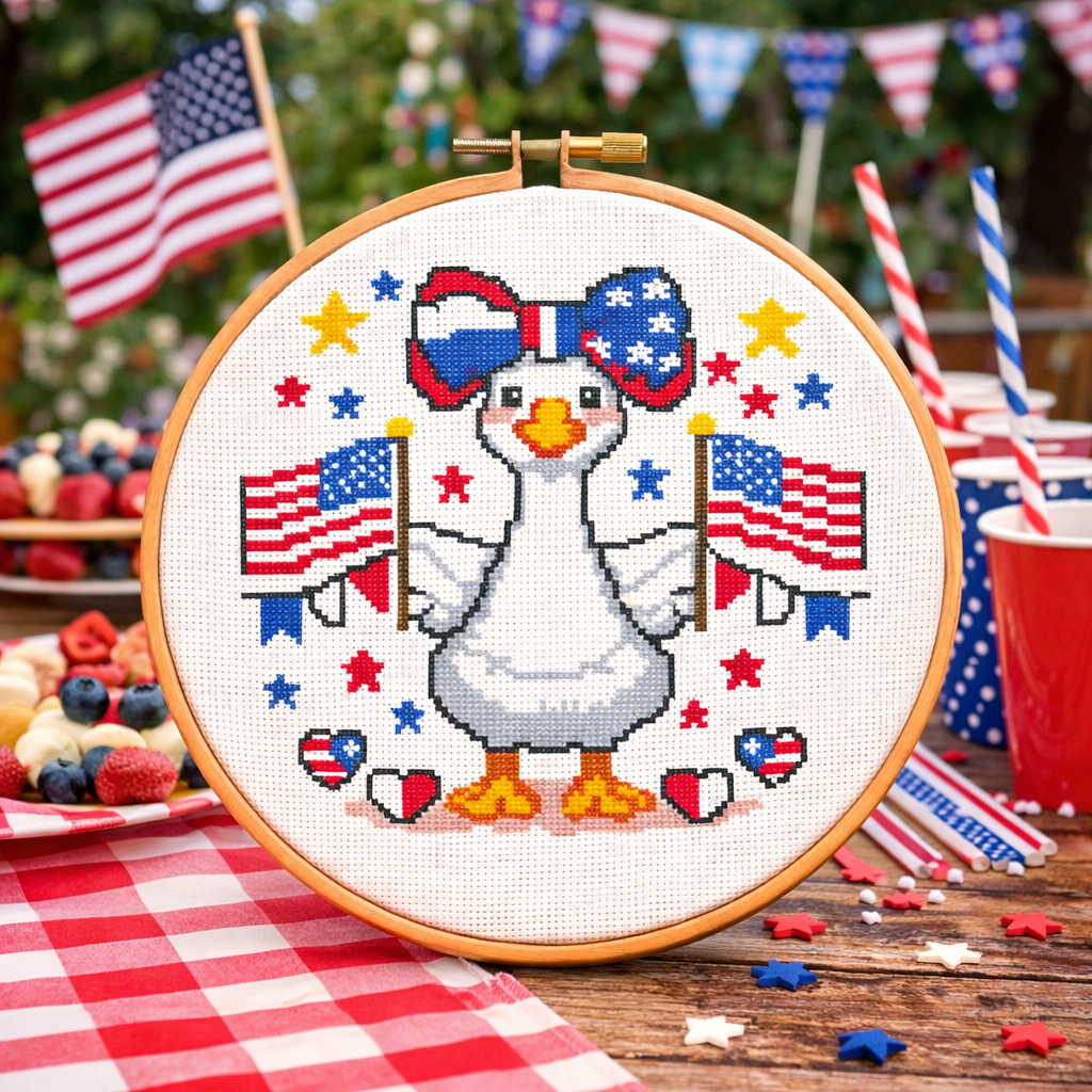 Patriotic Goose Cross Stitch Pattern – Cute 4th of July Goose with American Flags | Funny Summer Embroidery PDF