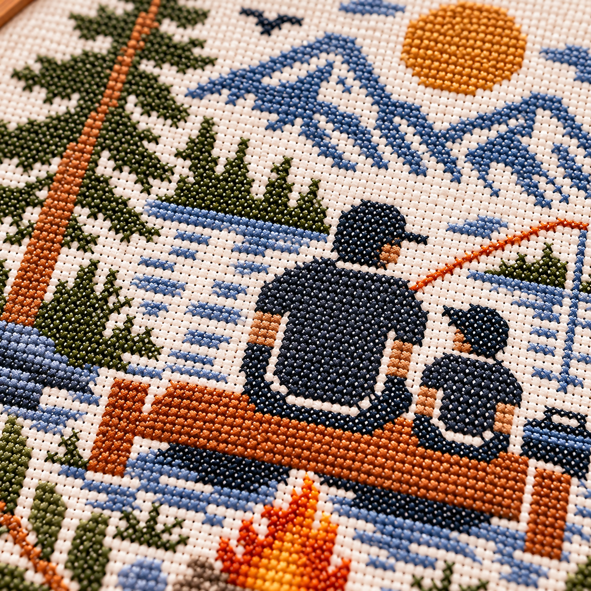 Father and Child Fishing Cross Stitch Pattern PDF – Mountain Lake Embroidery