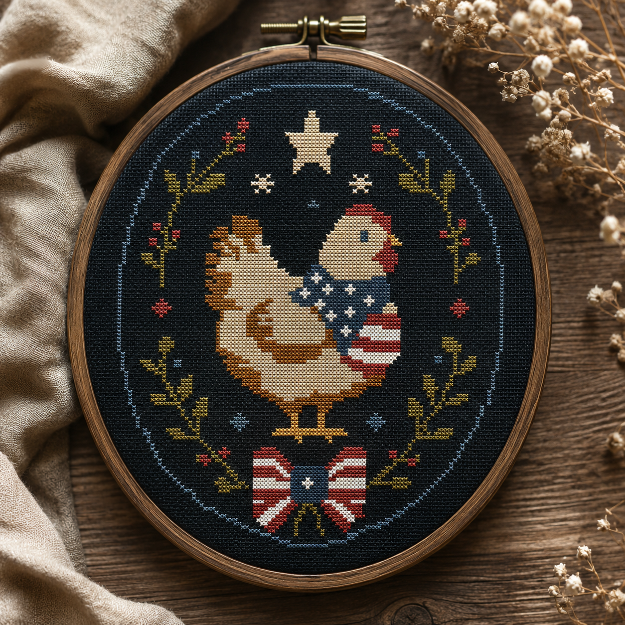 Patriotic Chicken Cross Stitch Pattern PDF | Americana Farmhouse Embroidery