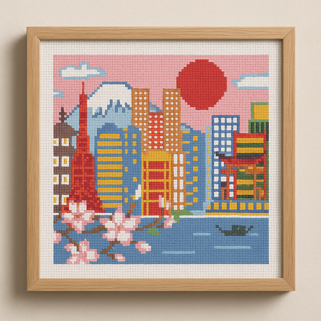 Tokyo Skyline Cross Stitch Pattern – Modern Japan Cityscape Embroidery PDF