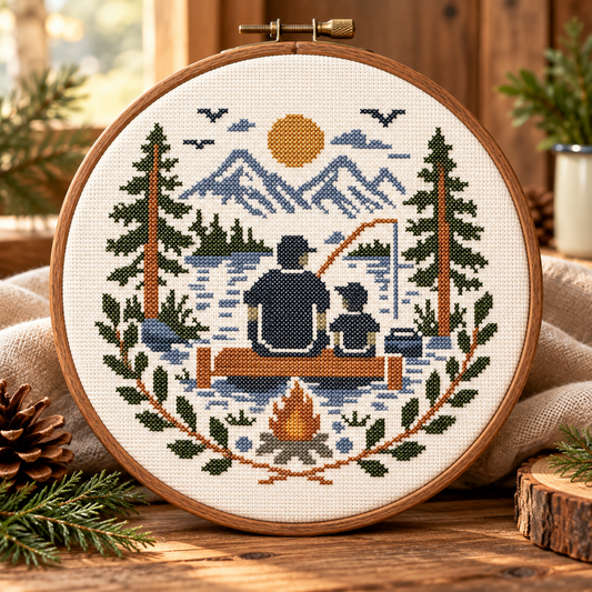 Father and Child Fishing Cross Stitch Pattern PDF – Mountain Lake Embroidery