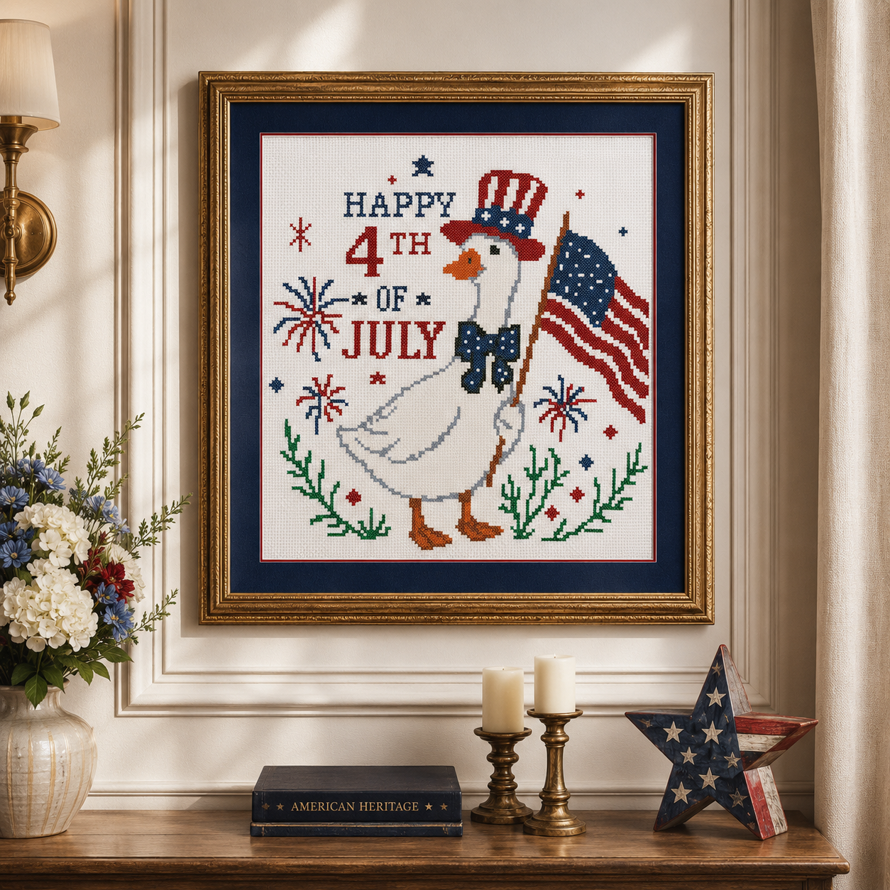 Happy 4th of July Goose Cross Stitch Pattern PDF | Patriotic Goose Embroidery Design | American Flag Counted Cross Stitch | Independence Day Decor