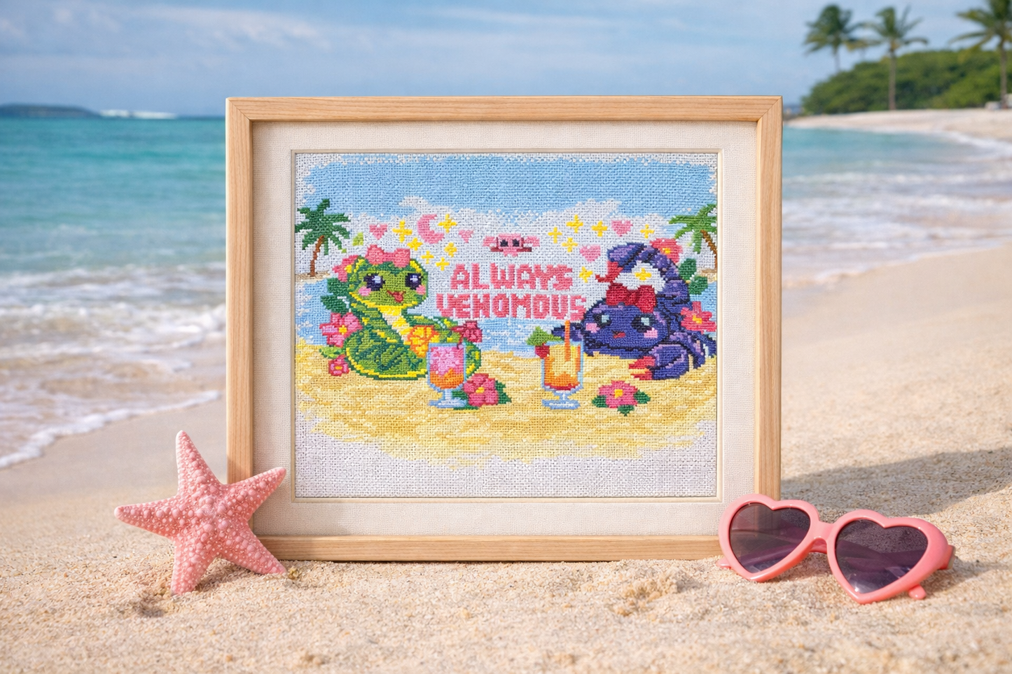 Always Venomous Cross Stitch Pattern – Cute Snake and Scorpion Beach Embroidery, Funny Summer Needlework PDF