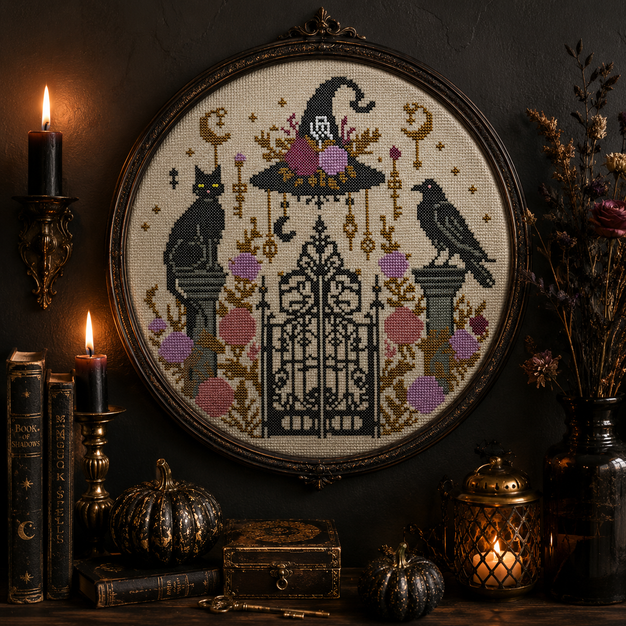 Gothic Witch Gate Cross Stitch Pattern PDF | Black Cat & Raven Halloween Embroidery | Witchcore Counted Cross Stitch Chart | Instant Download
