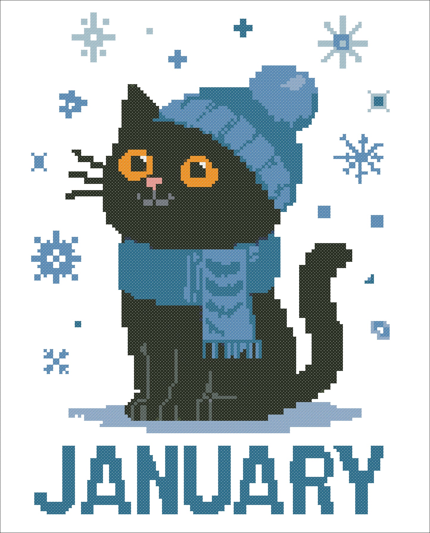 January Black Cat Cross Stitch Pattern – Winter PDF Embroidery Design