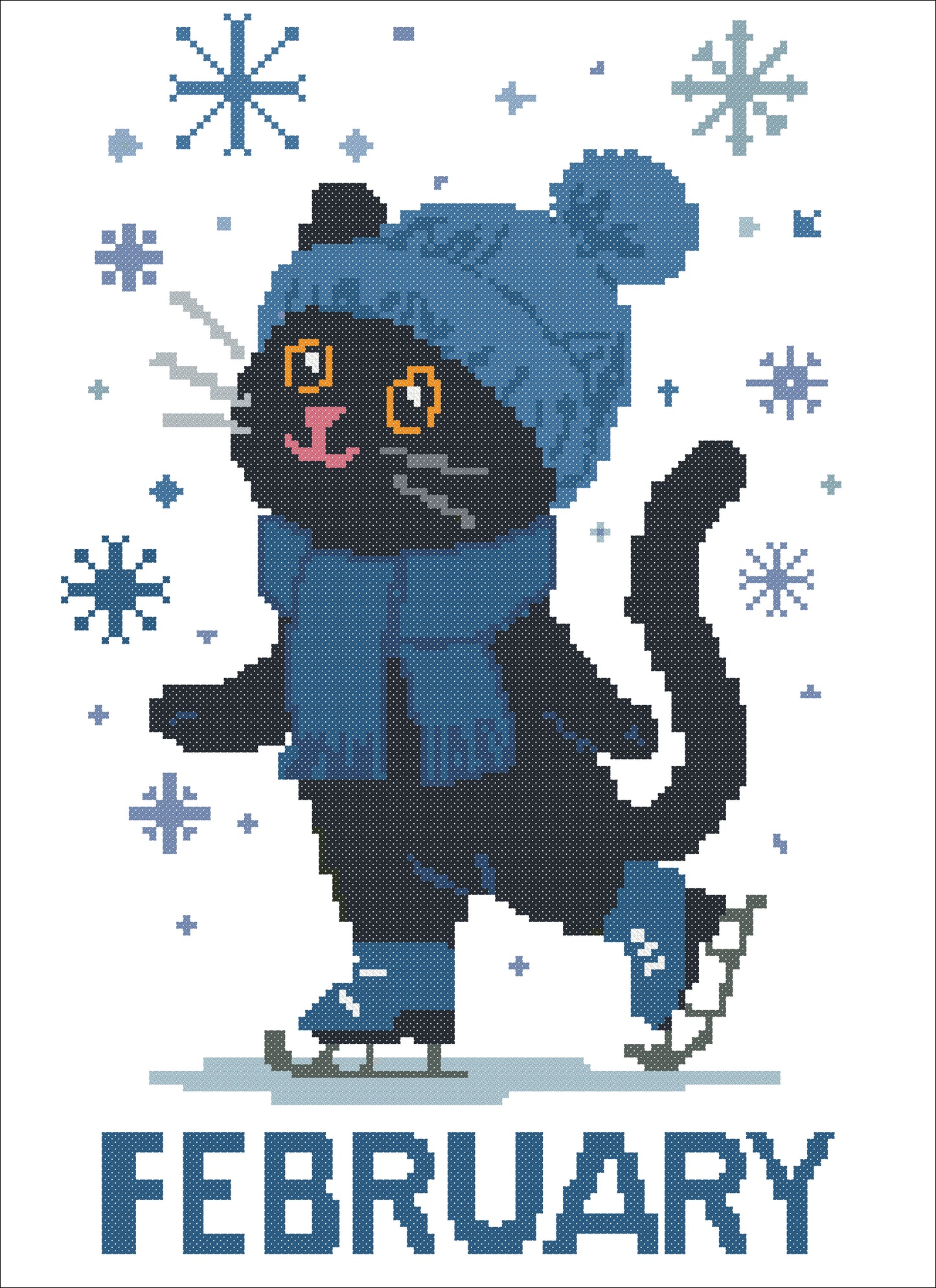 February Black Cat Cross Stitch Pattern – Winter Skating Kit