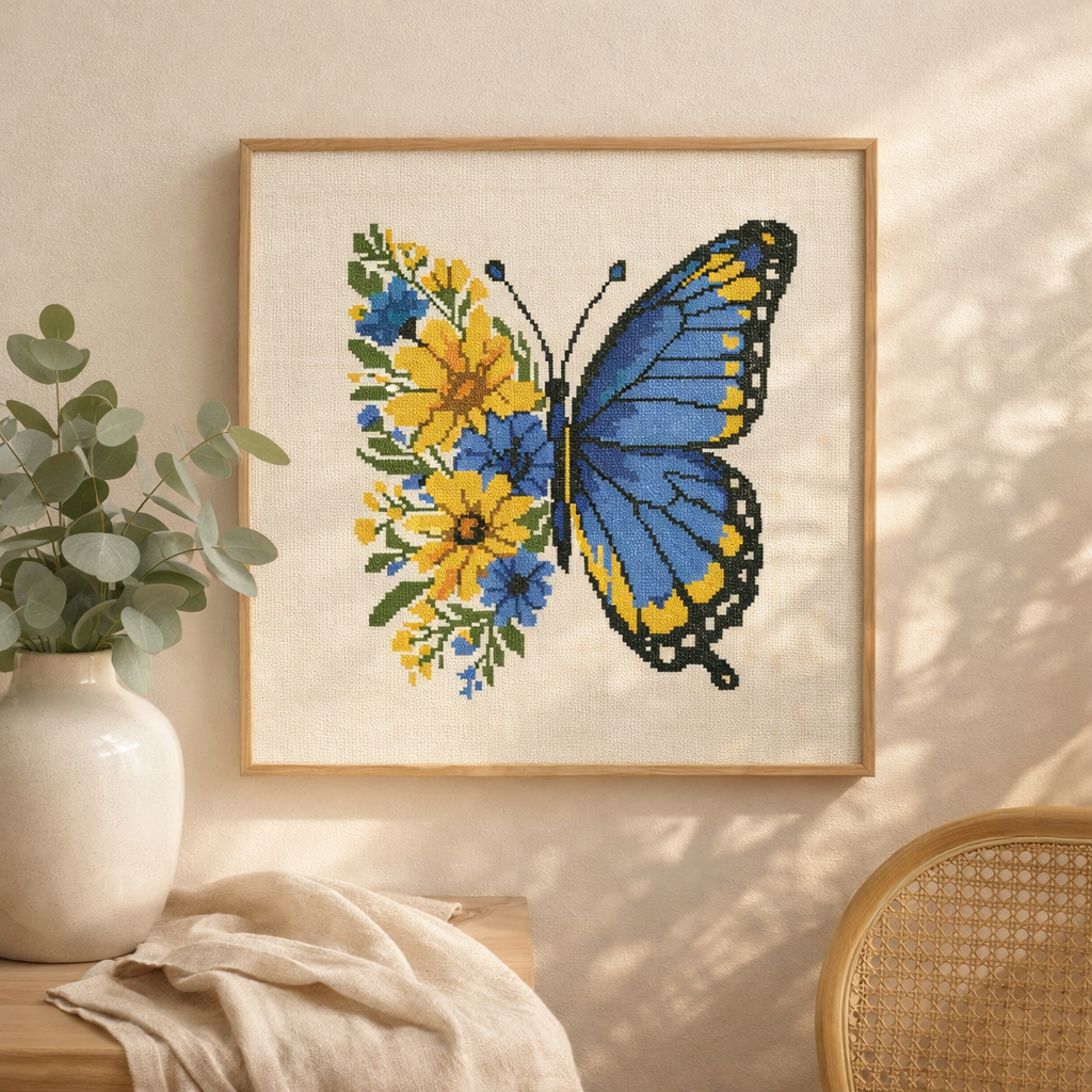 Blue Yellow Butterfly Cross Stitch Pattern, Floral Butterfly Embroidery Design, Ukrainian Inspired Modern Needlepoint, PDF Pattern, Scandinavian Style