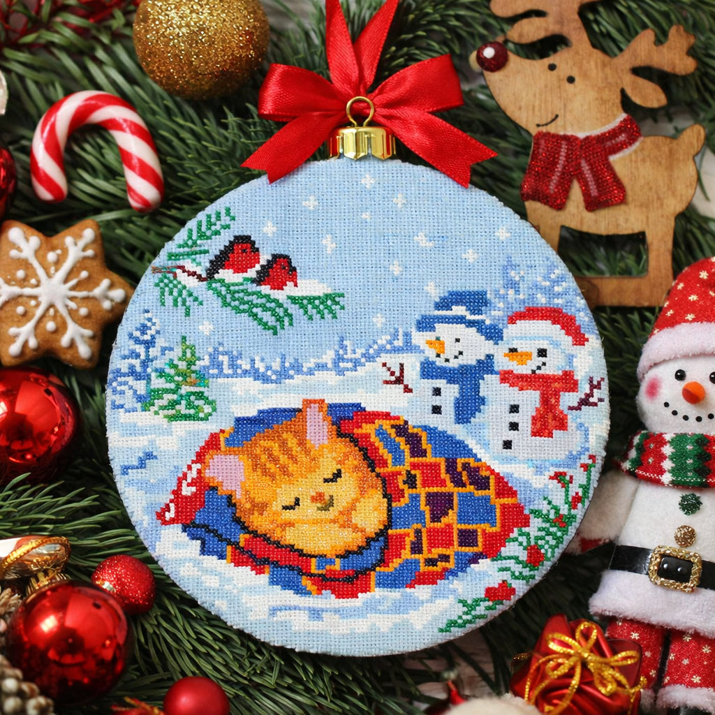 Sleeping Kitten Winter Cross Stitch Pattern – Cute Cat Christmas Ornament, Nursery Decor, PDF Pattern