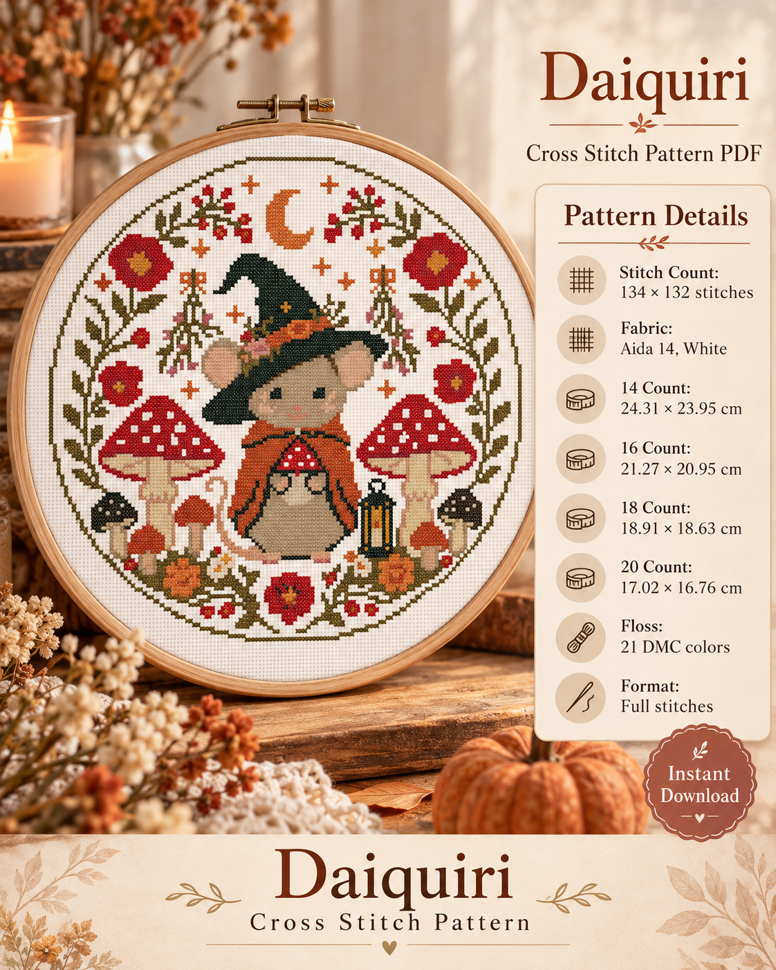 Witch Mouse Cross Stitch Pattern PDF | Halloween Embroidery