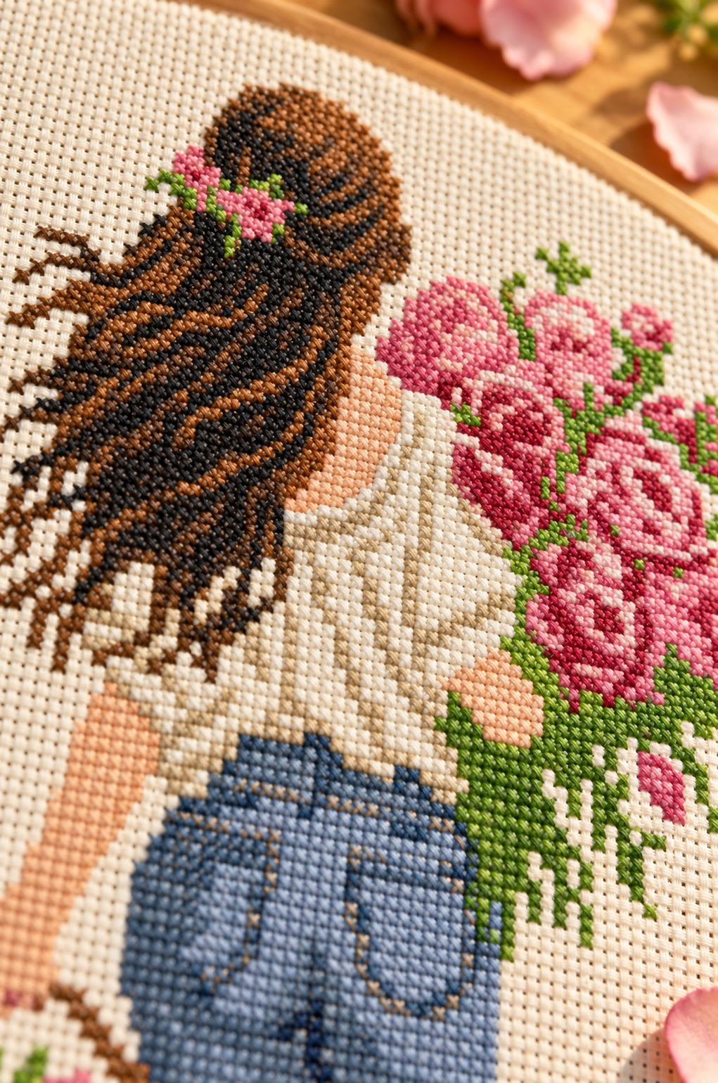 Girl with Pink Roses Cross Stitch Pattern PDF | Floral Embroidery