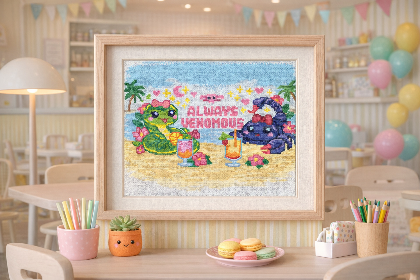 Always Venomous Cross Stitch Pattern – Cute Snake and Scorpion Beach Embroidery, Funny Summer Needlework PDF