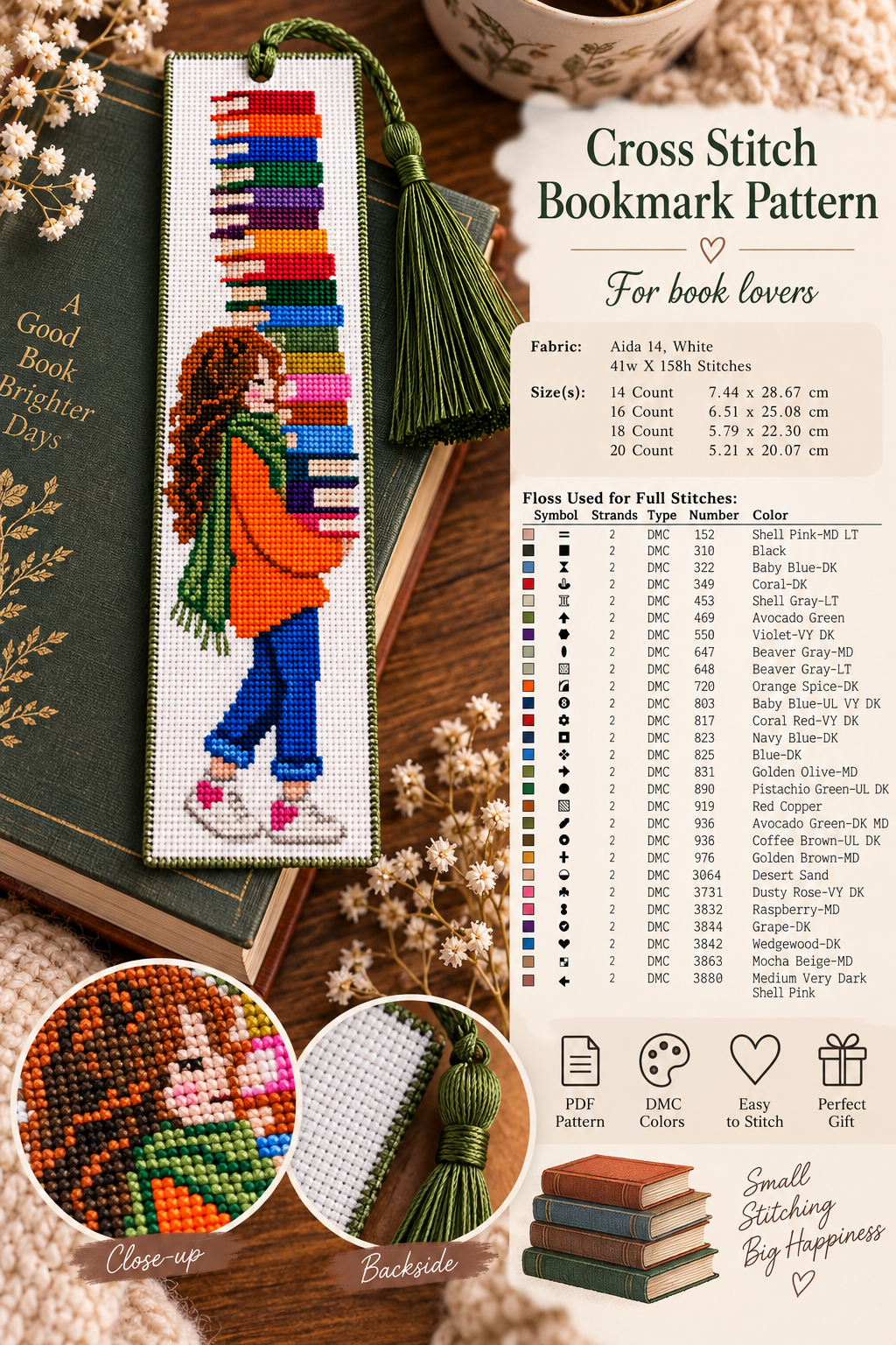 Book Lover Bookmark Cross Stitch Pattern PDF – Girl with Books