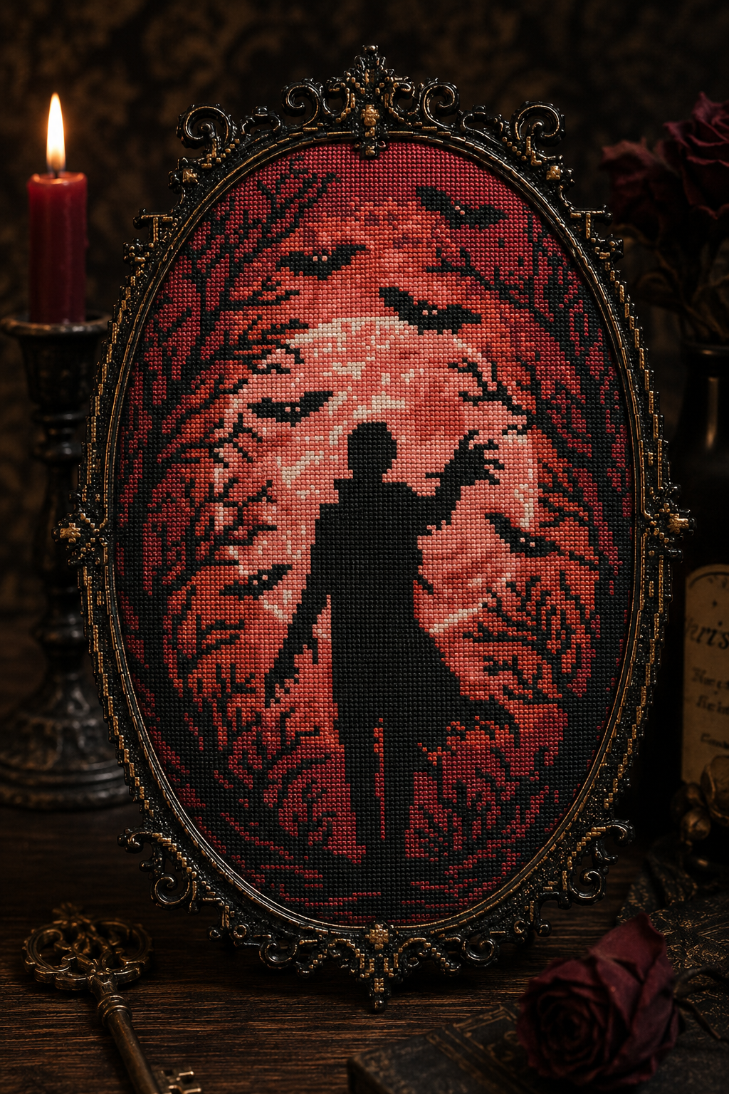 Blood Moon Silhouette Cross Stitch Pattern PDF | Gothic Vampire Moon Embroidery Design | Halloween Counted Cross Stitch Chart | Instant Download