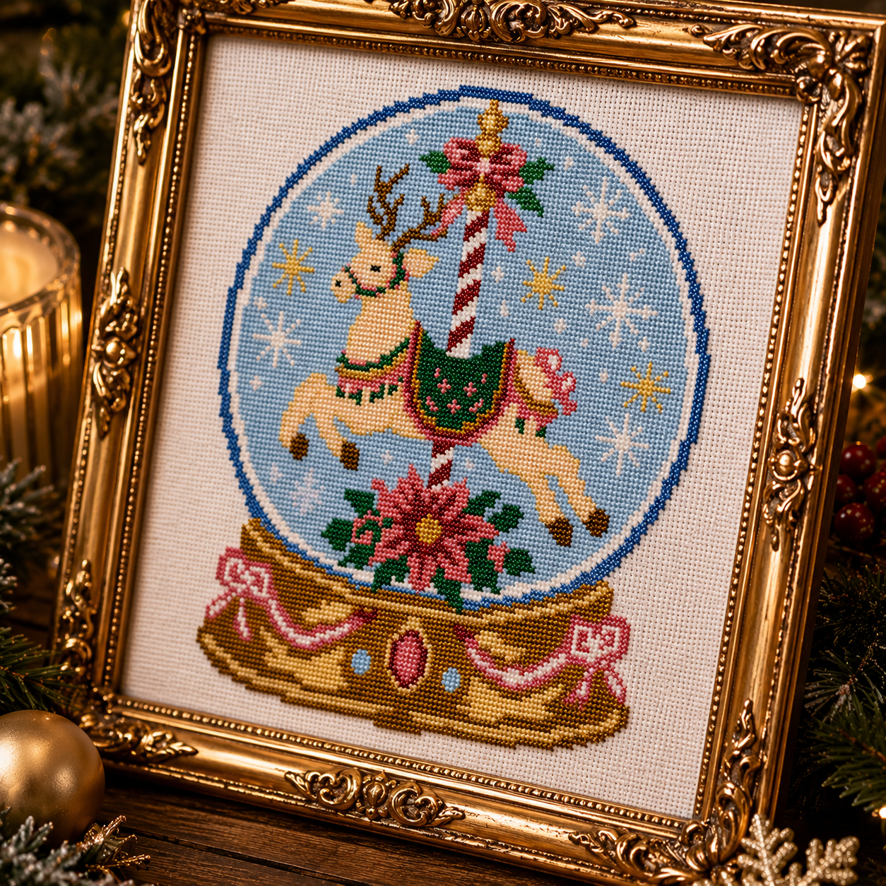 Christmas Carousel Snow Globe Cross Stitch Pattern PDF | Reindeer Snow Globe Embroidery Design | Instant Download