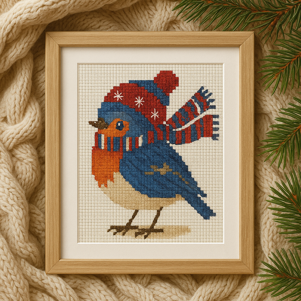 Winter Robin Cross Stitch Pattern – Cute Bird in Knit Hat and Scarf | Christmas Embroidery PDF