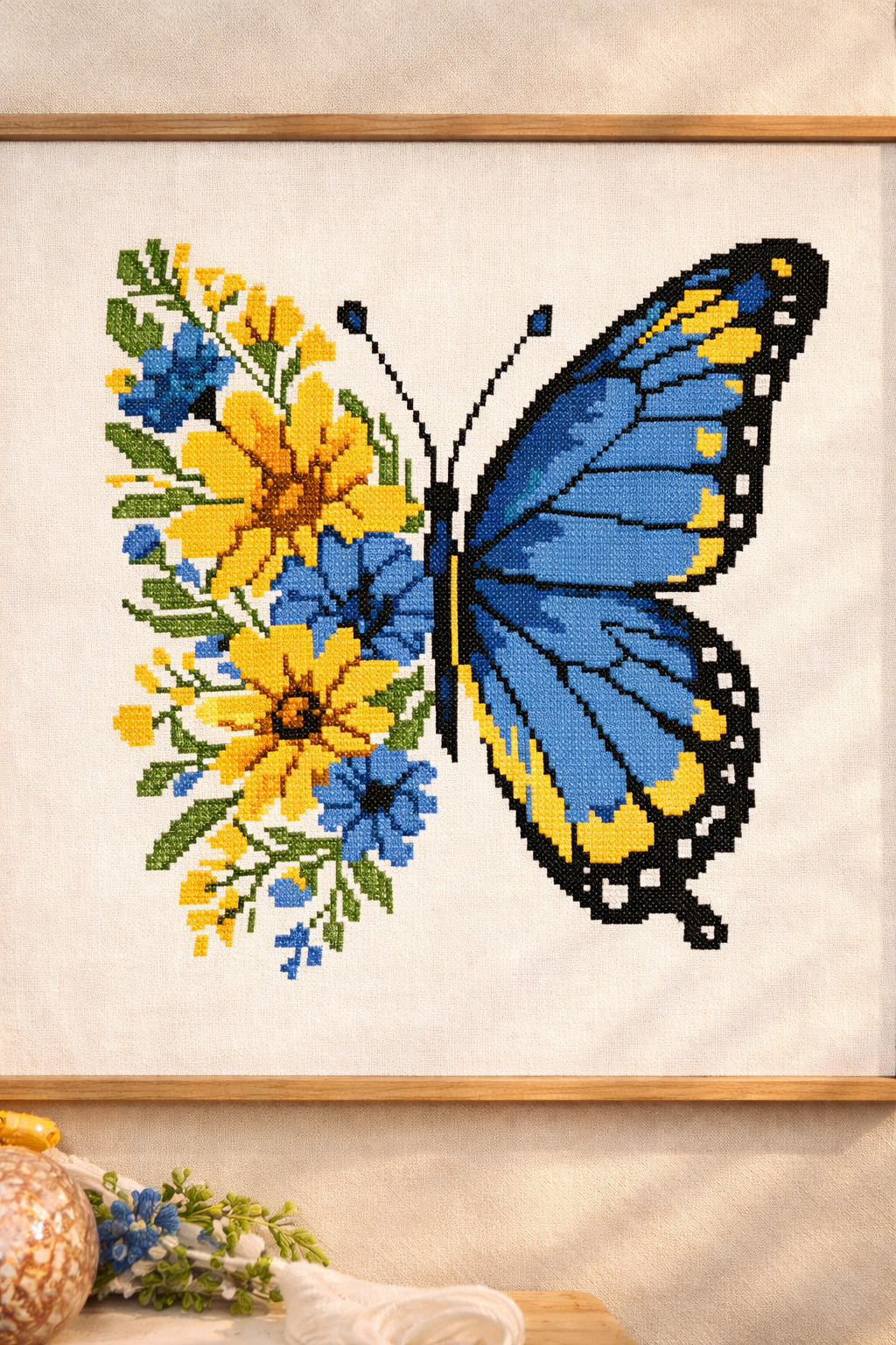 Blue Yellow Butterfly Cross Stitch Pattern, Floral Butterfly Embroidery Design, Ukrainian Inspired Modern Needlepoint, PDF Pattern, Scandinavian Style