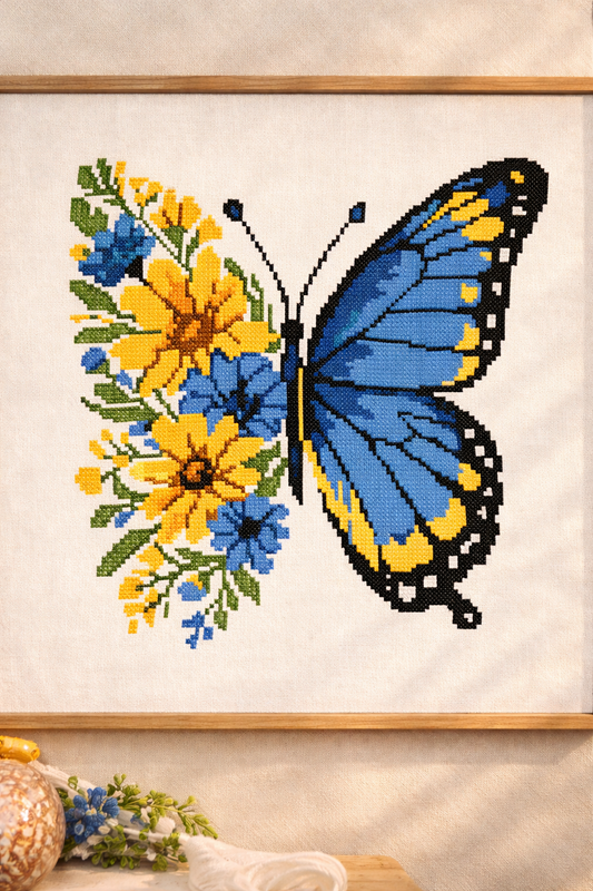 Blue Yellow Butterfly Cross Stitch Pattern, Floral Butterfly Embroidery Design, Ukrainian Inspired Modern Needlepoint, PDF Pattern, Scandinavian Style