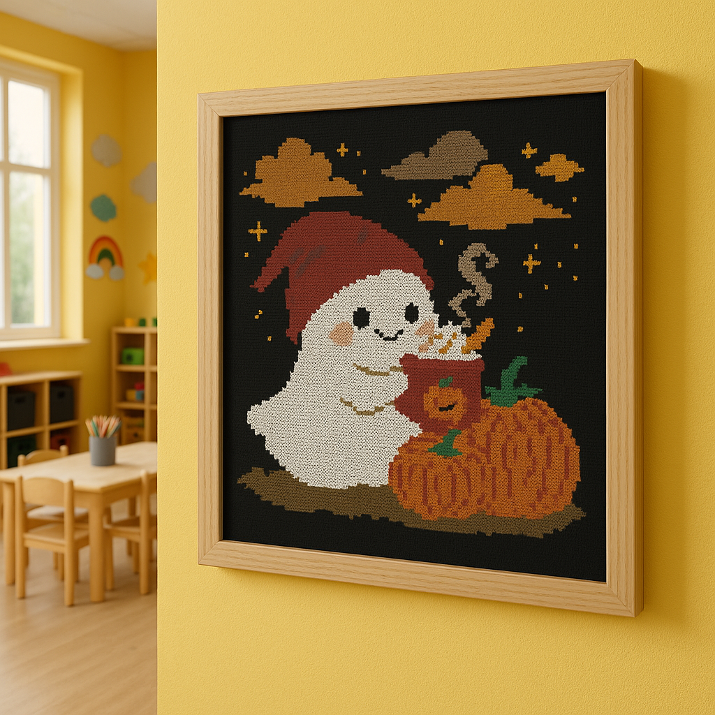 Cute Ghost on Pumpkin Cross Stitch Pattern – Halloween Cozy Latte Embroidery PDF
