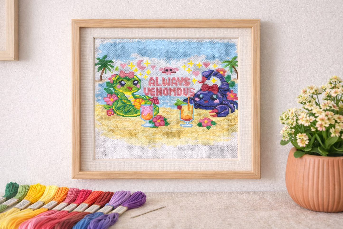 Always Venomous Cross Stitch Pattern – Cute Snake and Scorpion Beach Embroidery, Funny Summer Needlework PDF