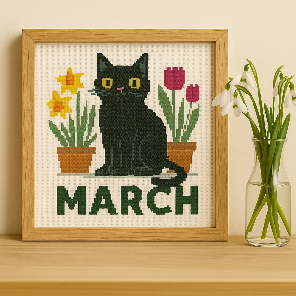 March Black Cat Cross Stitch Pattern – Spring Flowers & Seasonal Decor