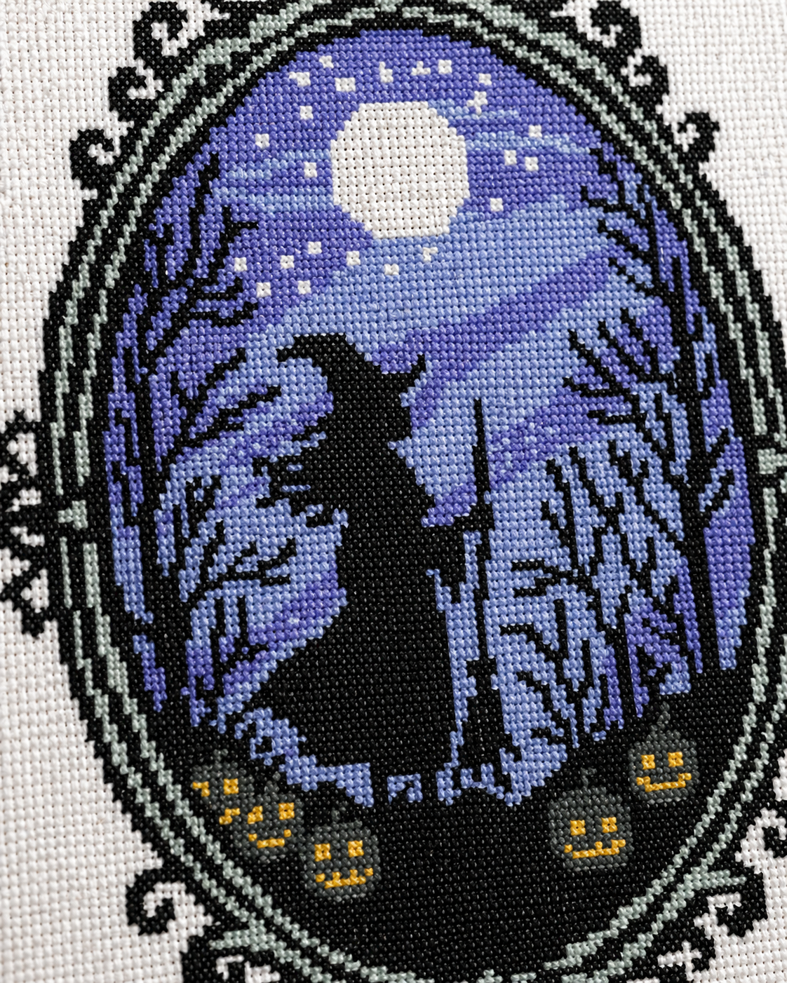 Halloween Witch Cross Stitch Pattern PDF – Gothic Moon Night Embroidery with Pumpkins & Forest Silhouette