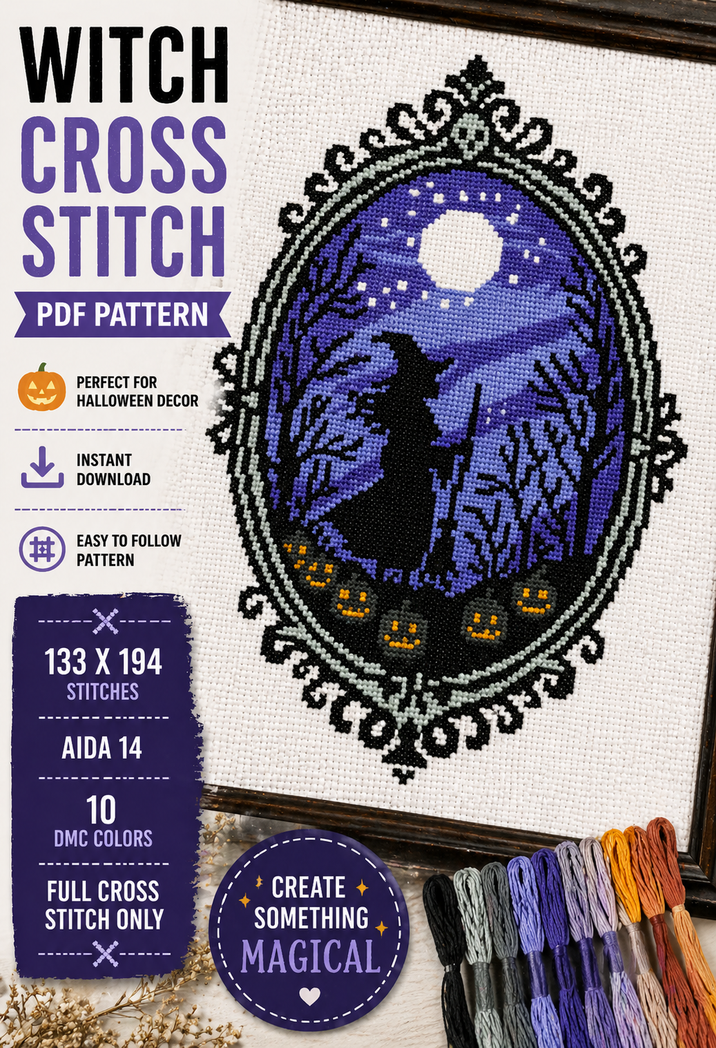 Halloween Witch Cross Stitch Pattern PDF – Gothic Moon Night Embroidery with Pumpkins & Forest Silhouette