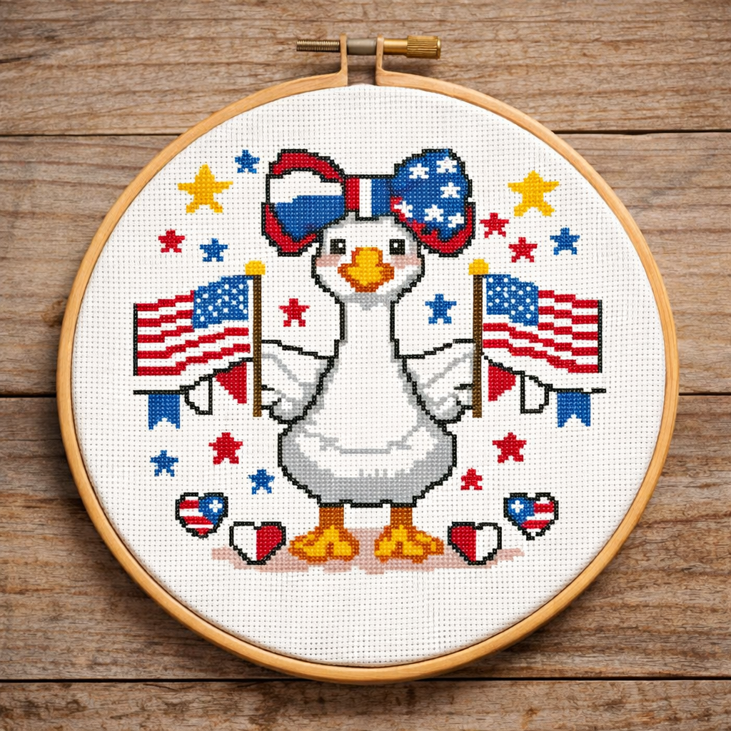 Patriotic Goose Cross Stitch Pattern – Cute 4th of July Goose with American Flags | Funny Summer Embroidery PDF