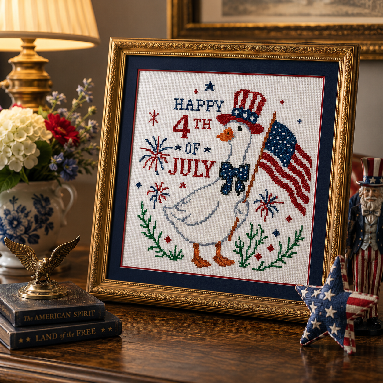 Happy 4th of July Goose Cross Stitch Pattern PDF | Patriotic Goose Embroidery Design | American Flag Counted Cross Stitch | Independence Day Decor