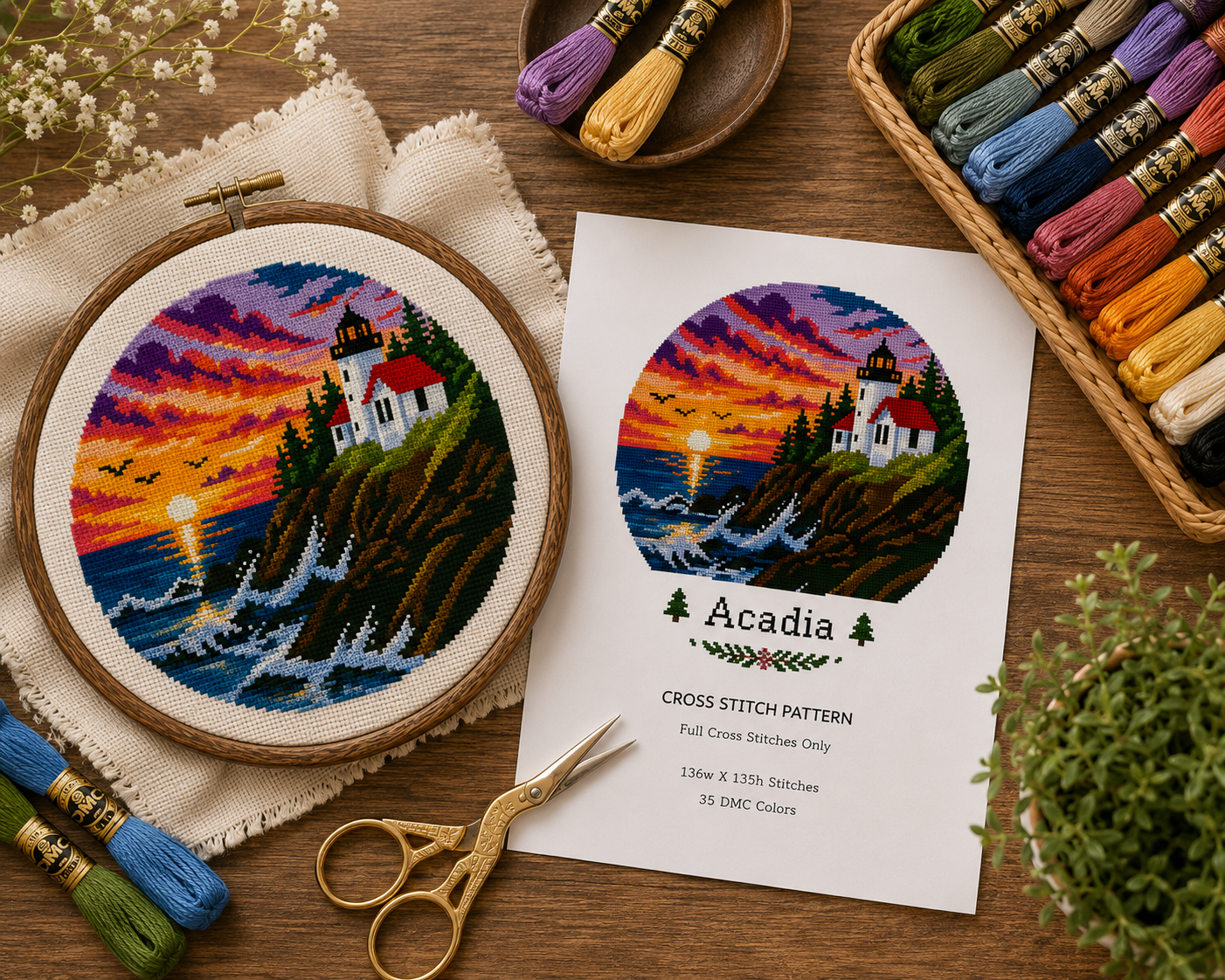 Acadia National Park Lighthouse Cross Stitch Pattern PDF | Maine Coastal Sunset Embroidery Chart | Counted Cross Stitch Instant Download