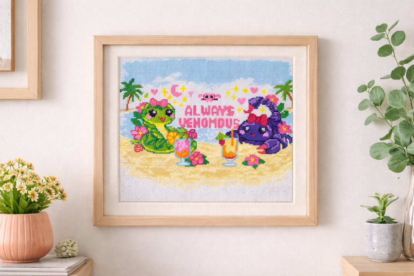 Always Venomous Cross Stitch Pattern – Cute Snake and Scorpion Beach Embroidery, Funny Summer Needlework PDF