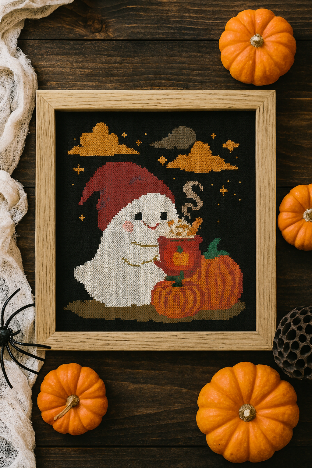 Cute Ghost on Pumpkin Cross Stitch Pattern – Halloween Cozy Latte Embroidery PDF