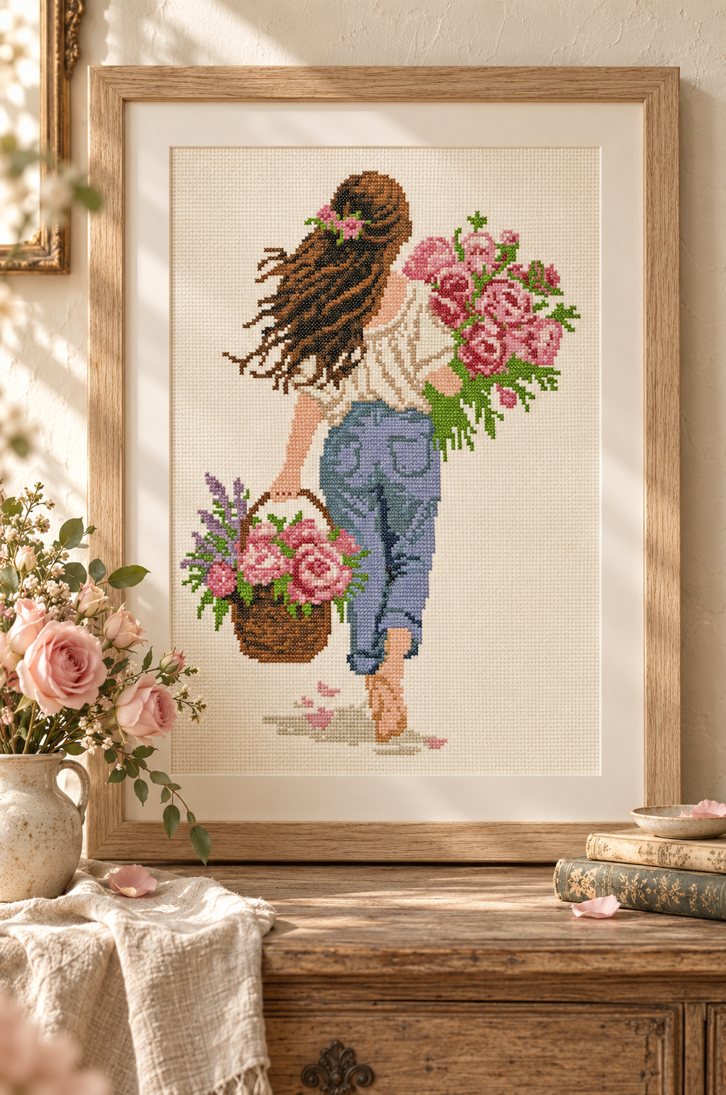 Girl with Pink Roses Cross Stitch Pattern PDF | Floral Embroidery