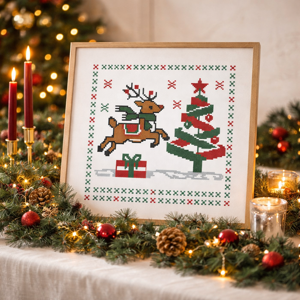 Christmas Reindeer Cross Stitch Pattern – Festive Holiday Tree & Gift Design