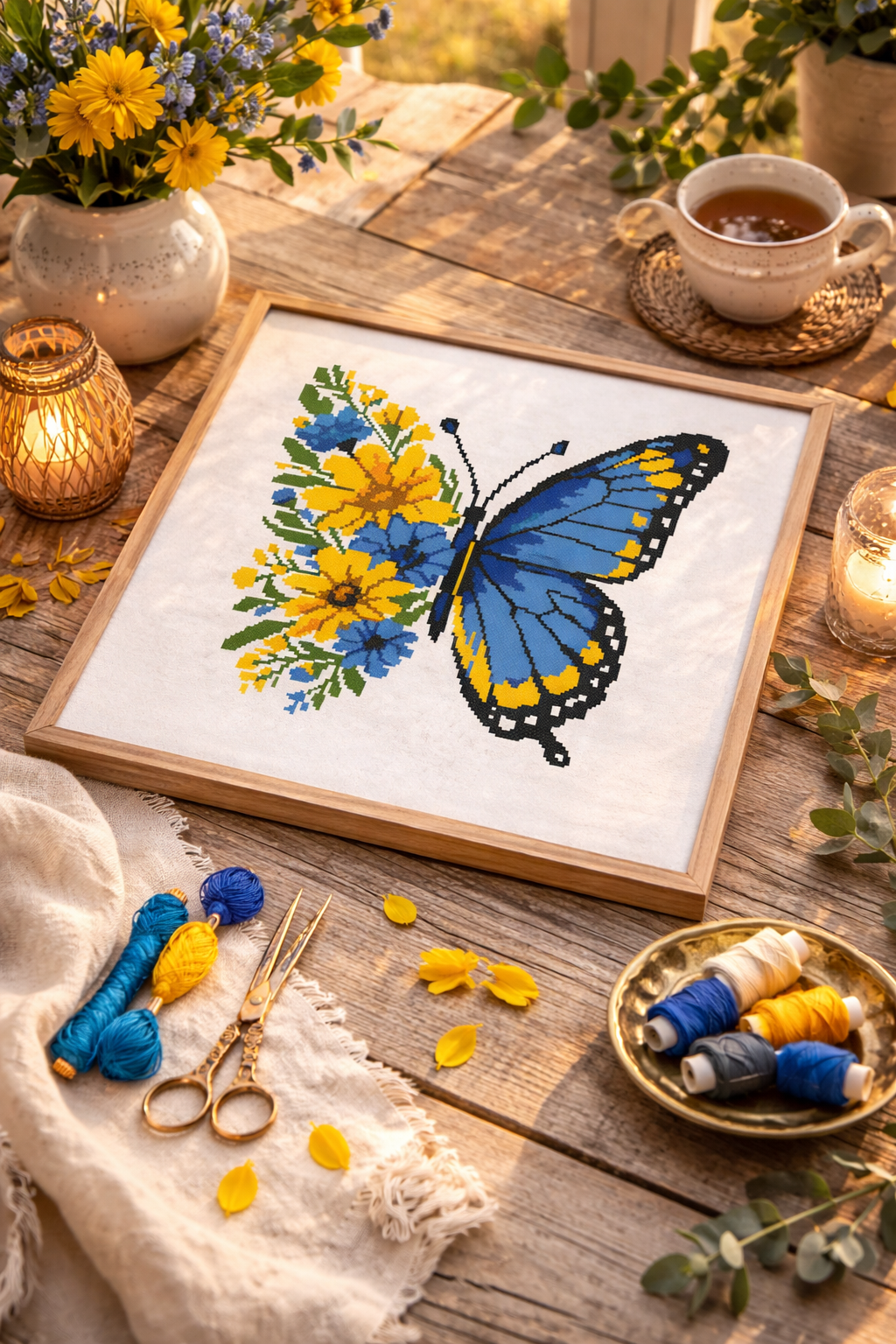 Blue Yellow Butterfly Cross Stitch Pattern, Floral Butterfly Embroidery Design, Ukrainian Inspired Modern Needlepoint, PDF Pattern, Scandinavian Style