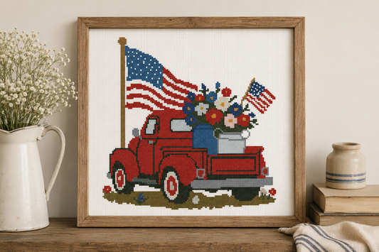 Patriotic Red Truck Cross Stitch Pattern PDF – American Flag Floral Vintage Truck Embroidery Chart – 4th of July Farmhouse Decor