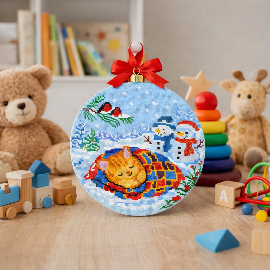 Sleeping Kitten Winter Cross Stitch Pattern – Cute Cat Christmas Ornament, Nursery Decor, PDF Pattern