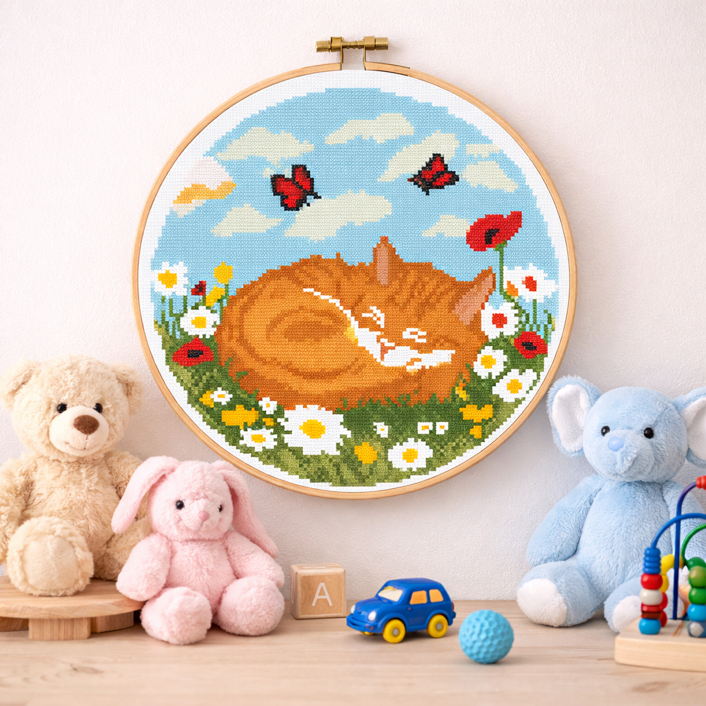 Sleeping Ginger Cat Cross Stitch Pattern | Daycare & Nursery Wall Decor Embroidery PDF