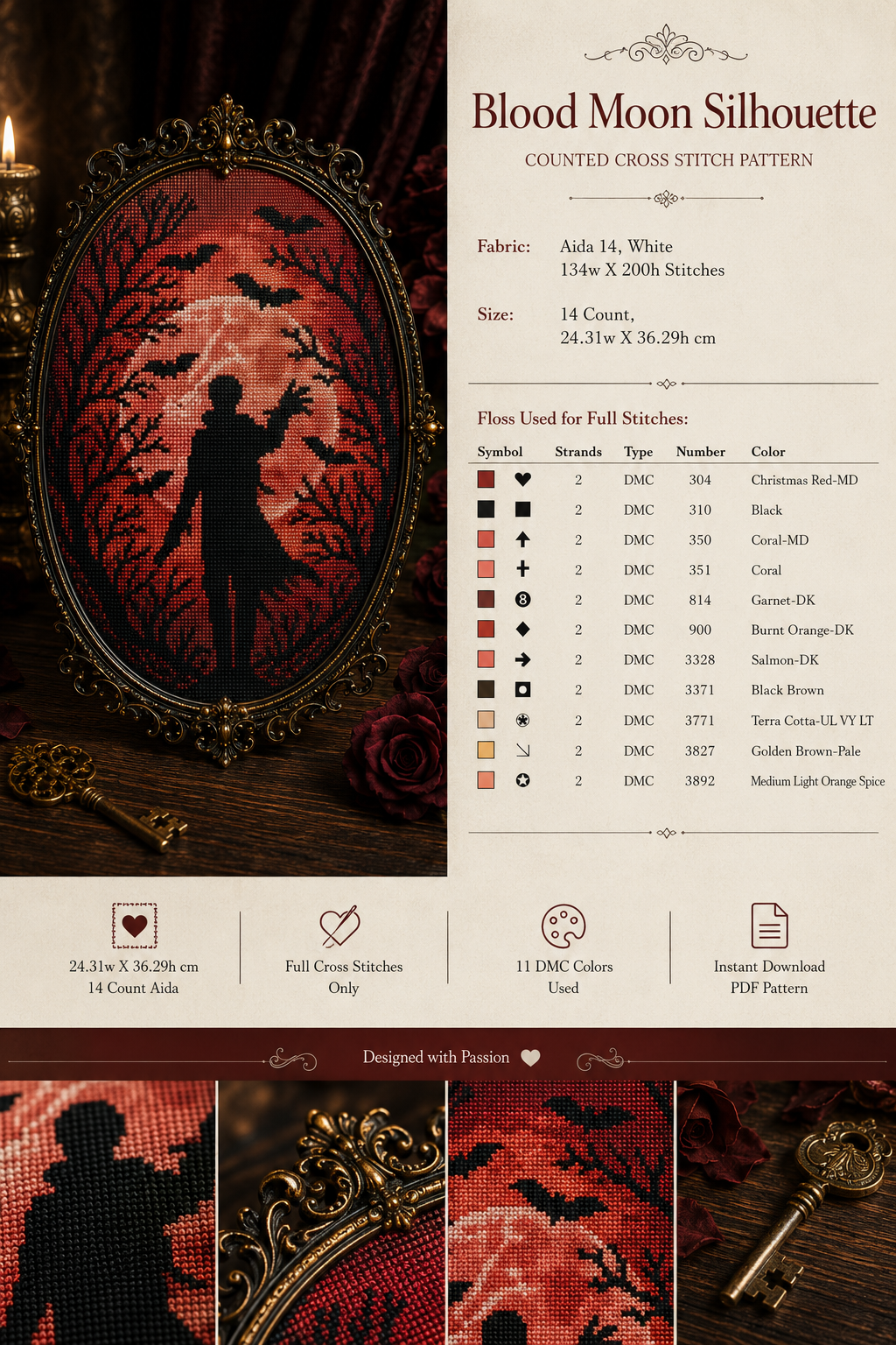 Blood Moon Silhouette Cross Stitch Pattern PDF | Gothic Vampire Moon Embroidery Design | Halloween Counted Cross Stitch Chart | Instant Download
