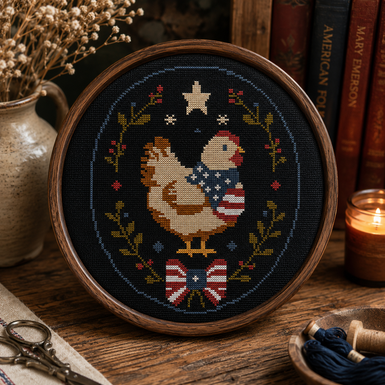 Patriotic Chicken Cross Stitch Pattern PDF | Americana Farmhouse Embroidery
