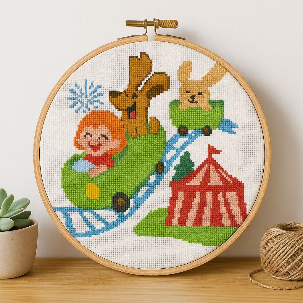 Whimsical Roller Coaster Cross-Stitch Hoop – Circus Theme | Handmade Wall Art