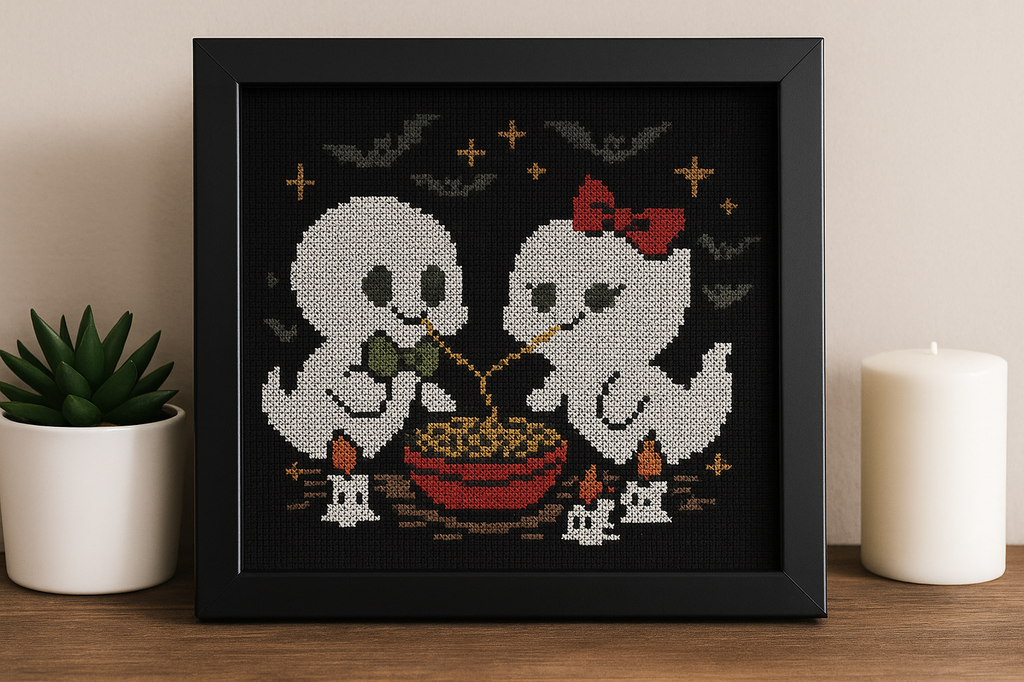 Cute Halloween Ghost Couple Cross Stitch Pattern – Baby Ghosts Eating Noodles, Spooky Love Embroidery PDF