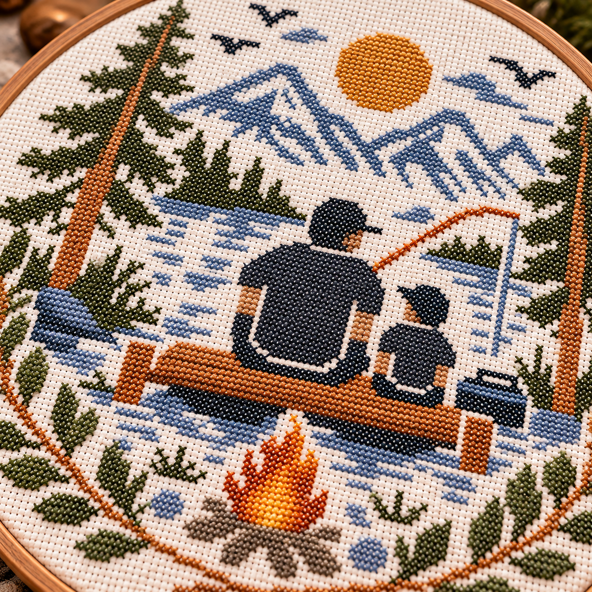 Father and Child Fishing Cross Stitch Pattern PDF – Mountain Lake Embroidery