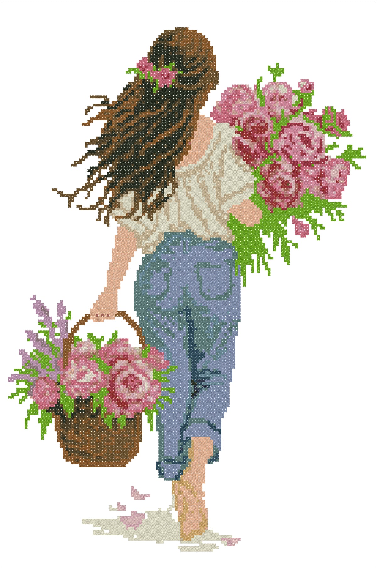 Girl with Pink Roses Cross Stitch Pattern PDF | Floral Embroidery