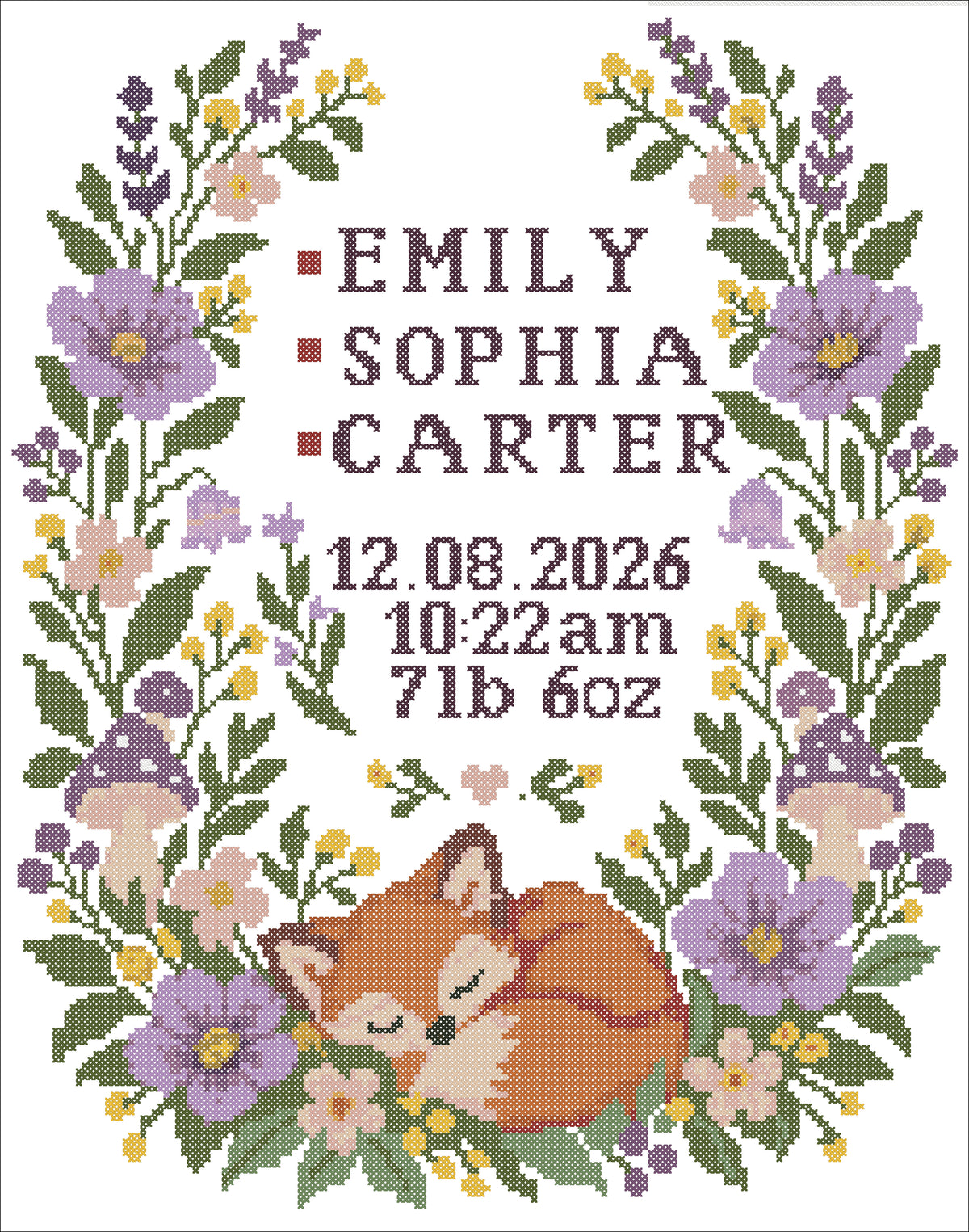 Personalized Baby Birth Announcement Cross Stitch Pattern PDF – Woodland Fox Sampler + Alphabet