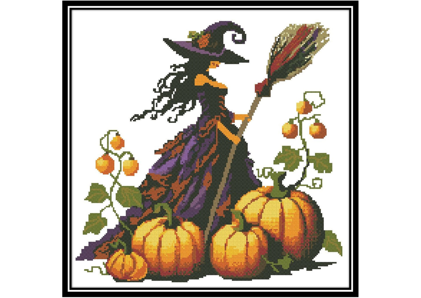 High-Quality Witch Cross Stitch Pattern – Detailed Halloween Witch with Pumpkins