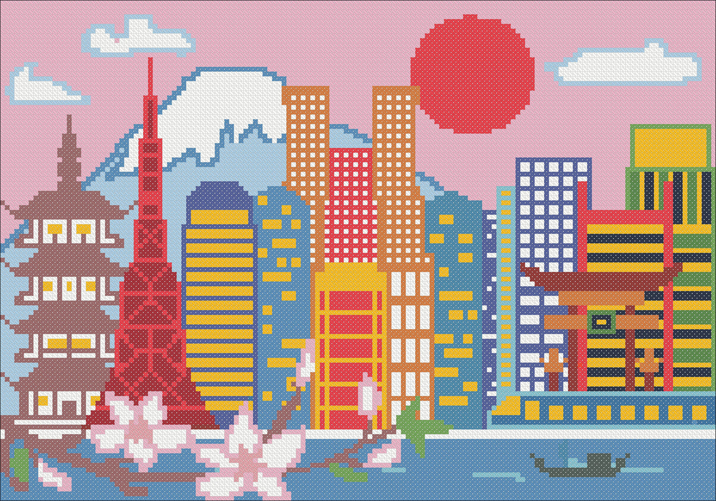 Tokyo Skyline Cross Stitch Pattern – Modern Japan Cityscape Embroidery PDF