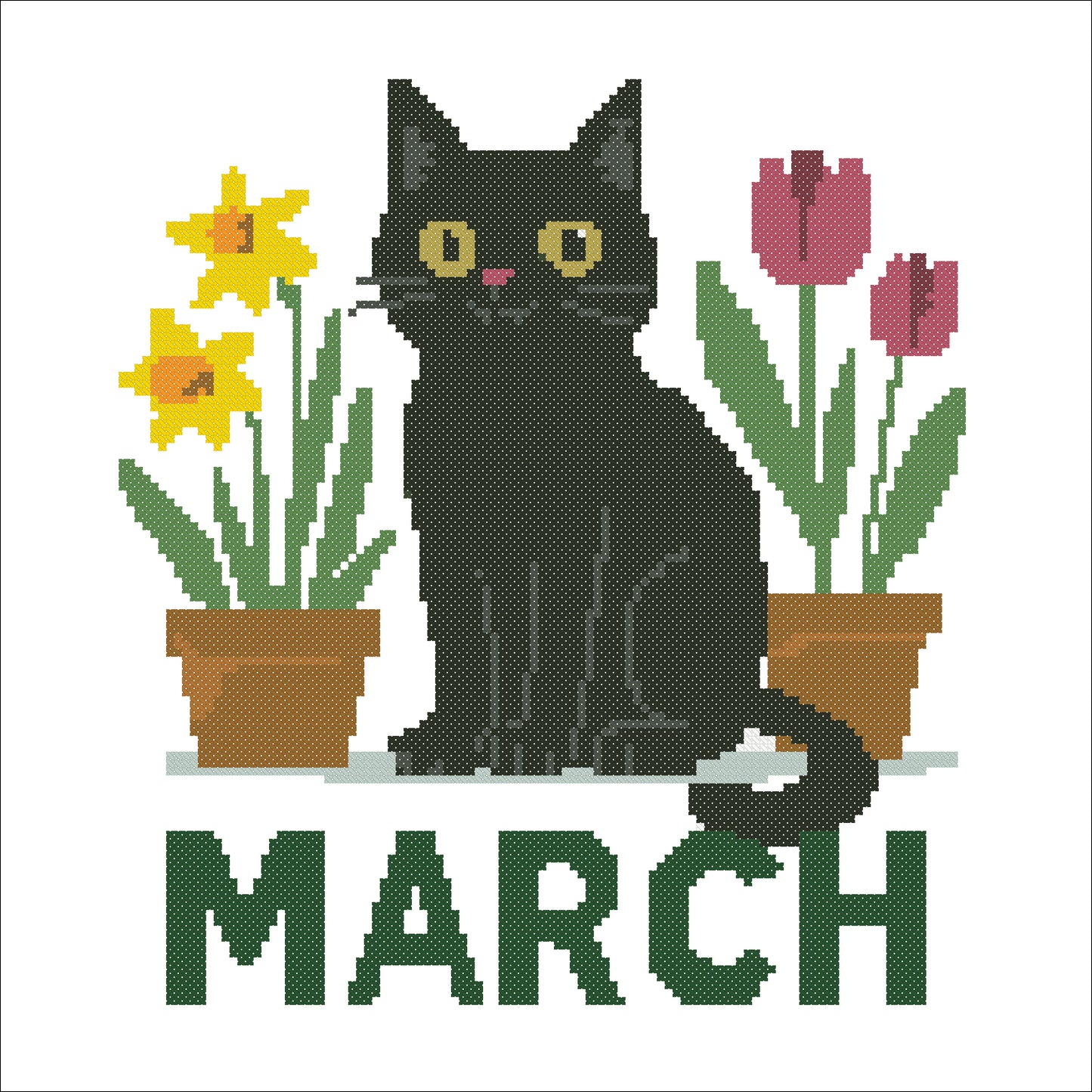 March Black Cat Cross Stitch Pattern – Spring Flowers & Seasonal Decor