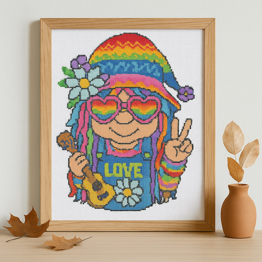 Groovy Hippie Gnome Cross Stitch Pattern | Retro Peace & Love Gnome PDF