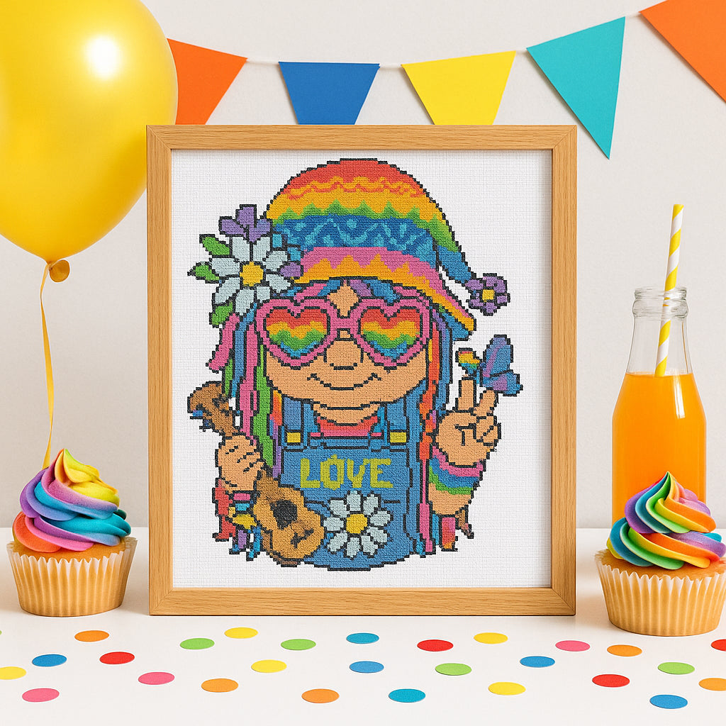 Groovy Hippie Gnome Cross Stitch Pattern | Retro Peace & Love Gnome PDF