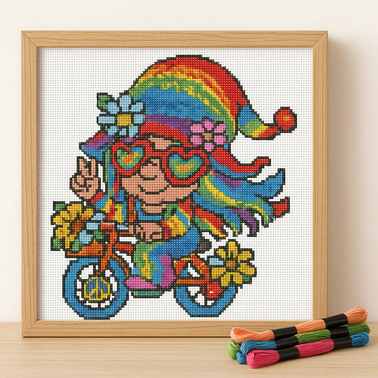 Hippie Bicycle Cross Stitch Pattern – Rainbow Peace & Love Embroidery PDF